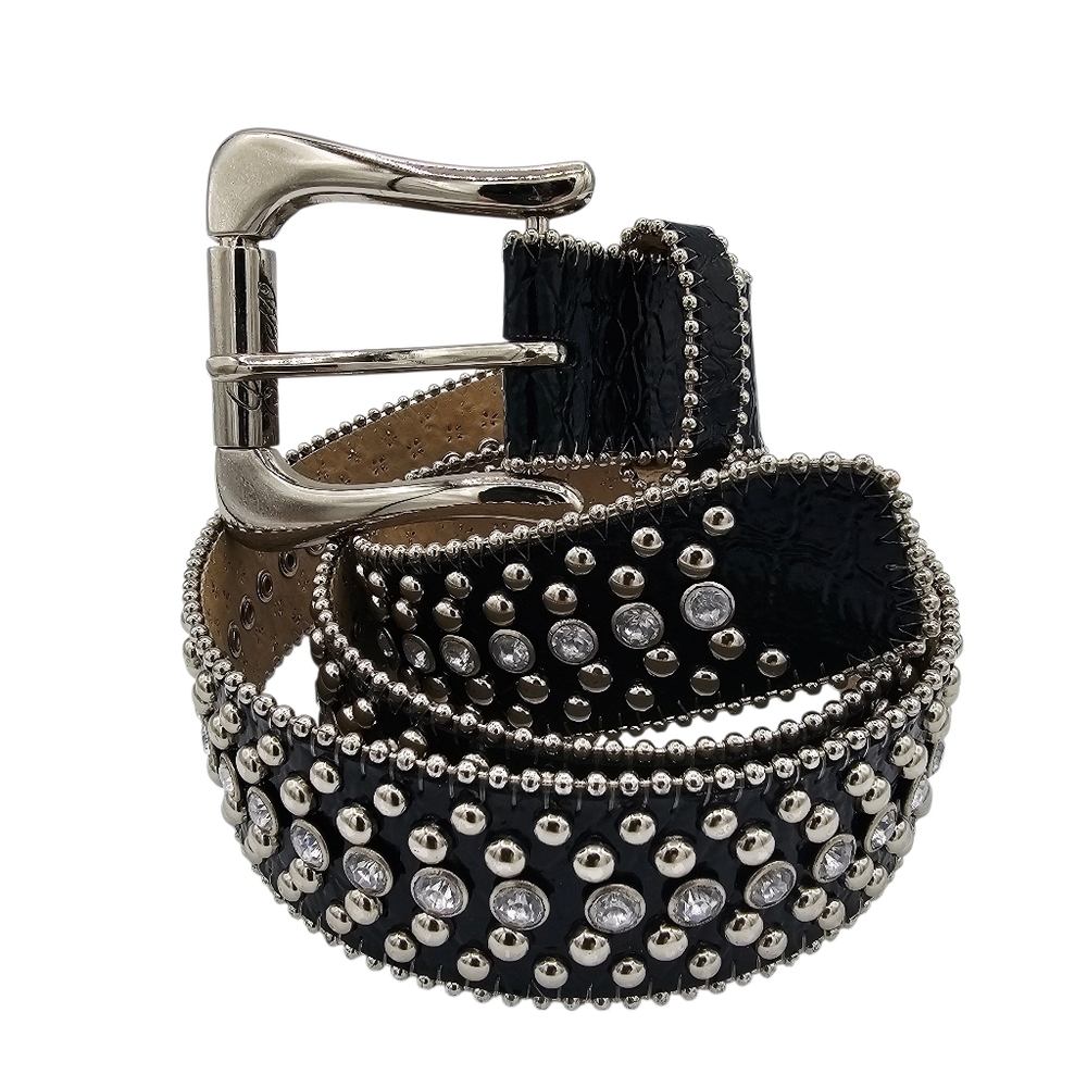 GUESS Patent Leather Studded Rhinestone Western Belt Size Medium Black Bling